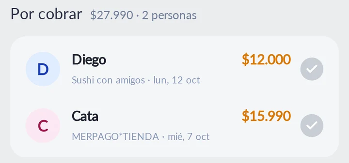 Por cobrar en la app: Diego y Cata con sus montos